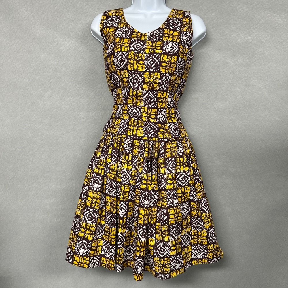Handmade Women XS 2 Piece Skirt Set Yellow Geometric African Uganda Boho